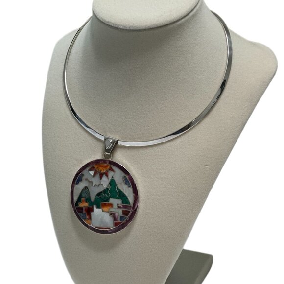 Peruvian 950 Sterling Silver Pendant | Handcrafted Mosaic Inlay natural stone - Picture 4 of 7